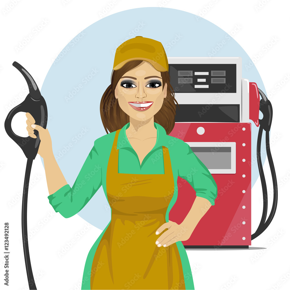 Gas station female worker holding petrol pump standing next to fuel dispenser Stock Vector | Adobe Stock Gas station female worker holding petrol pump standing next to fuel dispenser Stock Vector | Adobe Stock