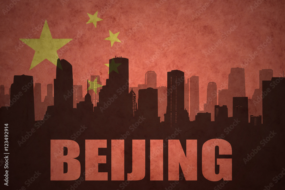 abstract silhouette of the city with text Beijing at the vintage chinese flag background
