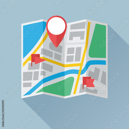 Folding paper city map with location mark and flag labels. Colored flat icon. Vector eps8 illustration.