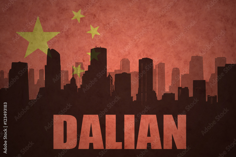 abstract silhouette of the city with text Dalian at the vintage chinese flag background