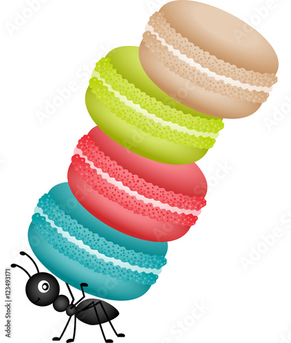 Ant carrying a pile of macaroons
