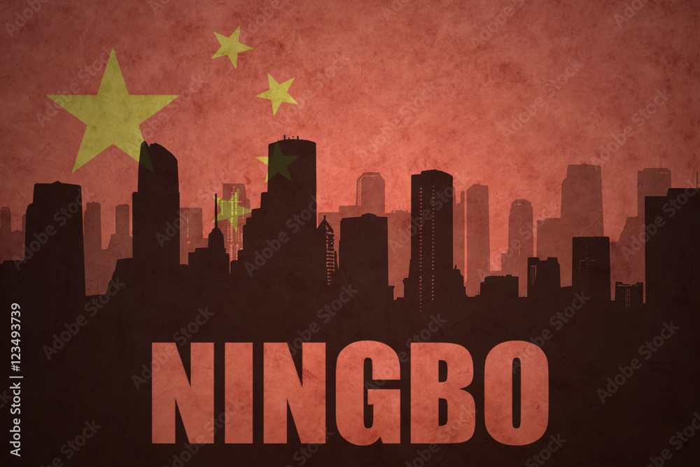 abstract silhouette of the city with text Ningbo at the vintage chinese flag background