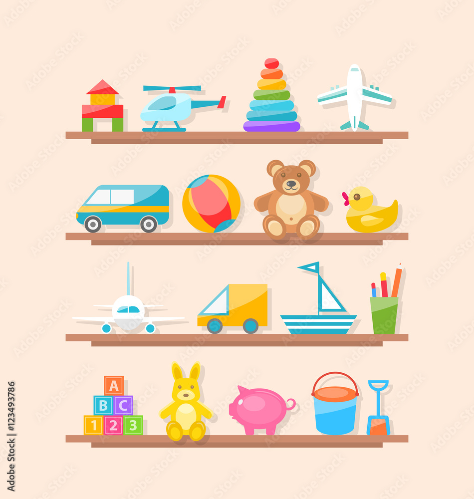 Set of Colorful Children Toys on Shelf. Cartoon Baby Joys Set of Colorful Children Toys on Shelf. Cartoon Baby Joys