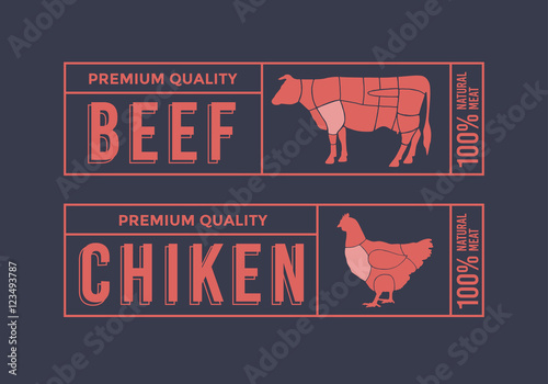 Logo for labelling of meat. Picture Animals Used for Food From the Meat Industry. Set include: Chicken and Cow.