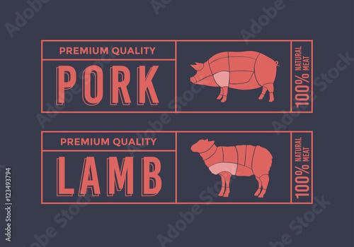 Logo for labelling of meat. Picture Animals Used for Food From the Meat Industry. Set include: Pig and Lamb.