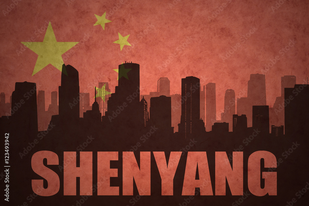 abstract silhouette of the city with text Shenyang at the vintage chinese flag background