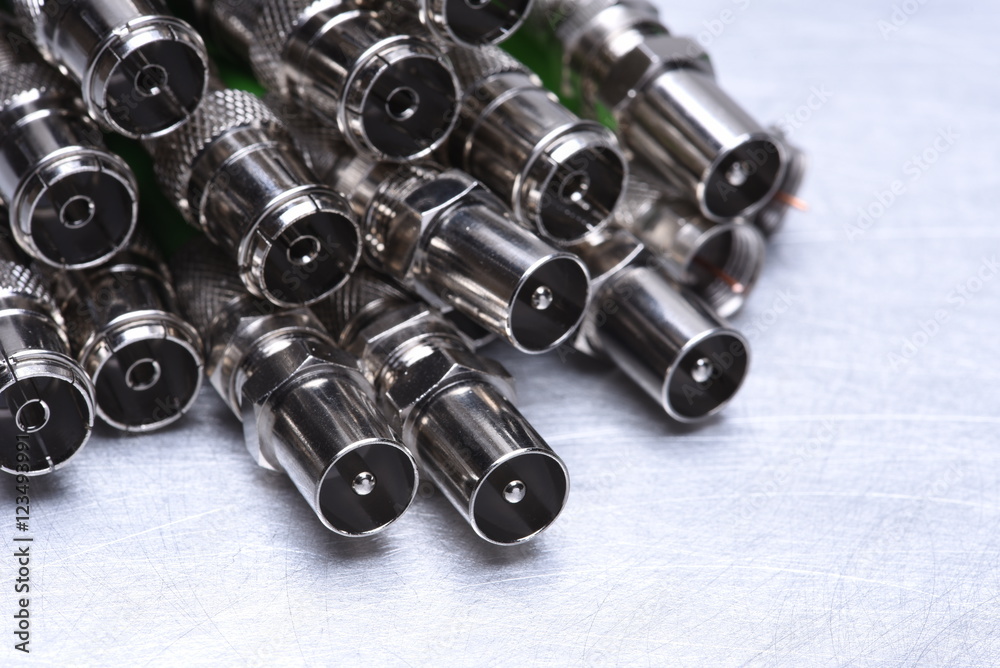 Group of coaxial tv connectors close up Group of coaxial tv connectors close up