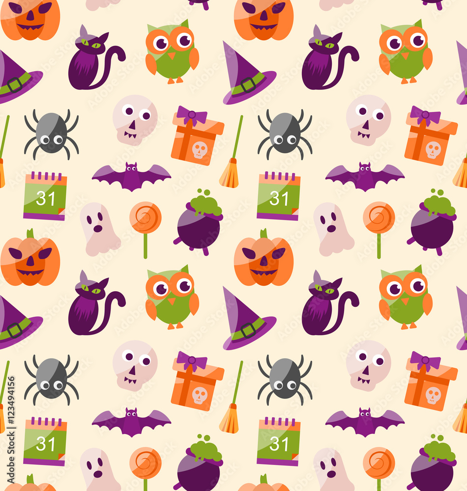 Halloween Seamless Pattern with Colorful Flat Icons