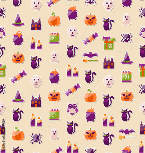 Fototapeta Naklejka Na Ścianę i Meble -  Halloween Seamless Texture with Colorful Flat Icons