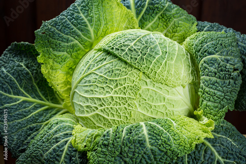 Green fresh whole Savoy cabbage close up