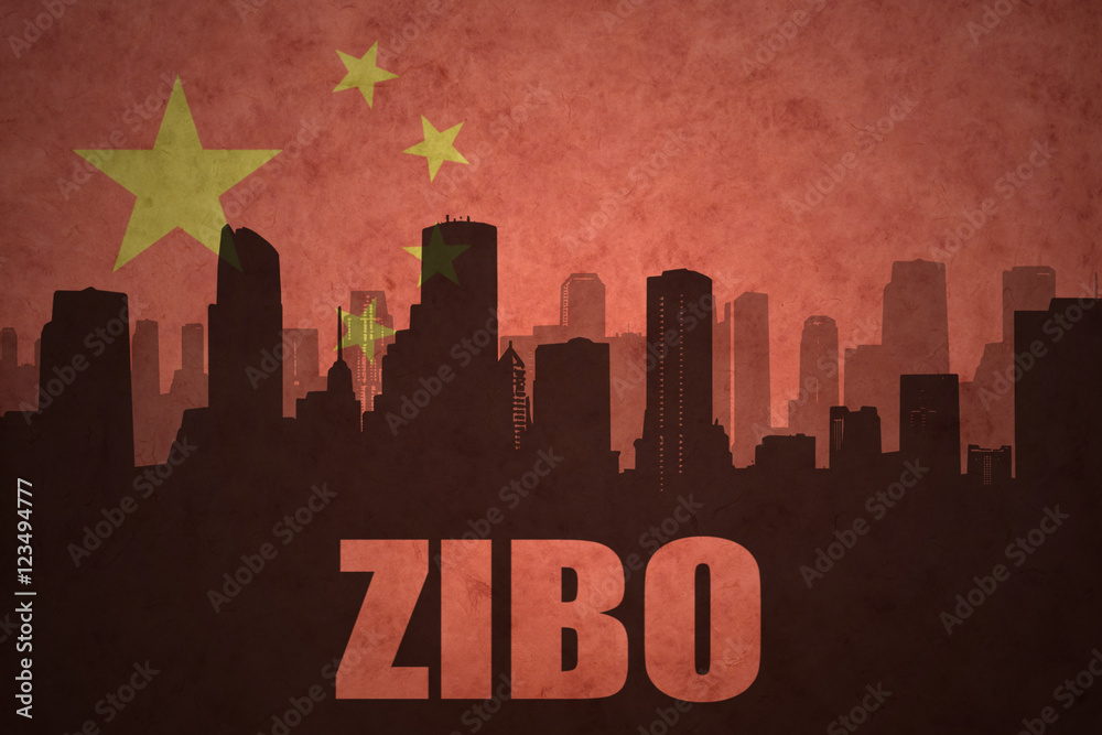abstract silhouette of the city with text Zibo at the vintage chinese flag background