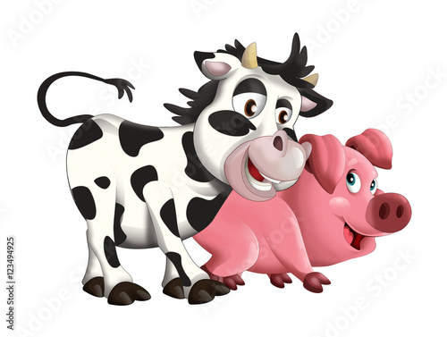 Cartoon funny young pig and cow - friends - isolated - illustration for children