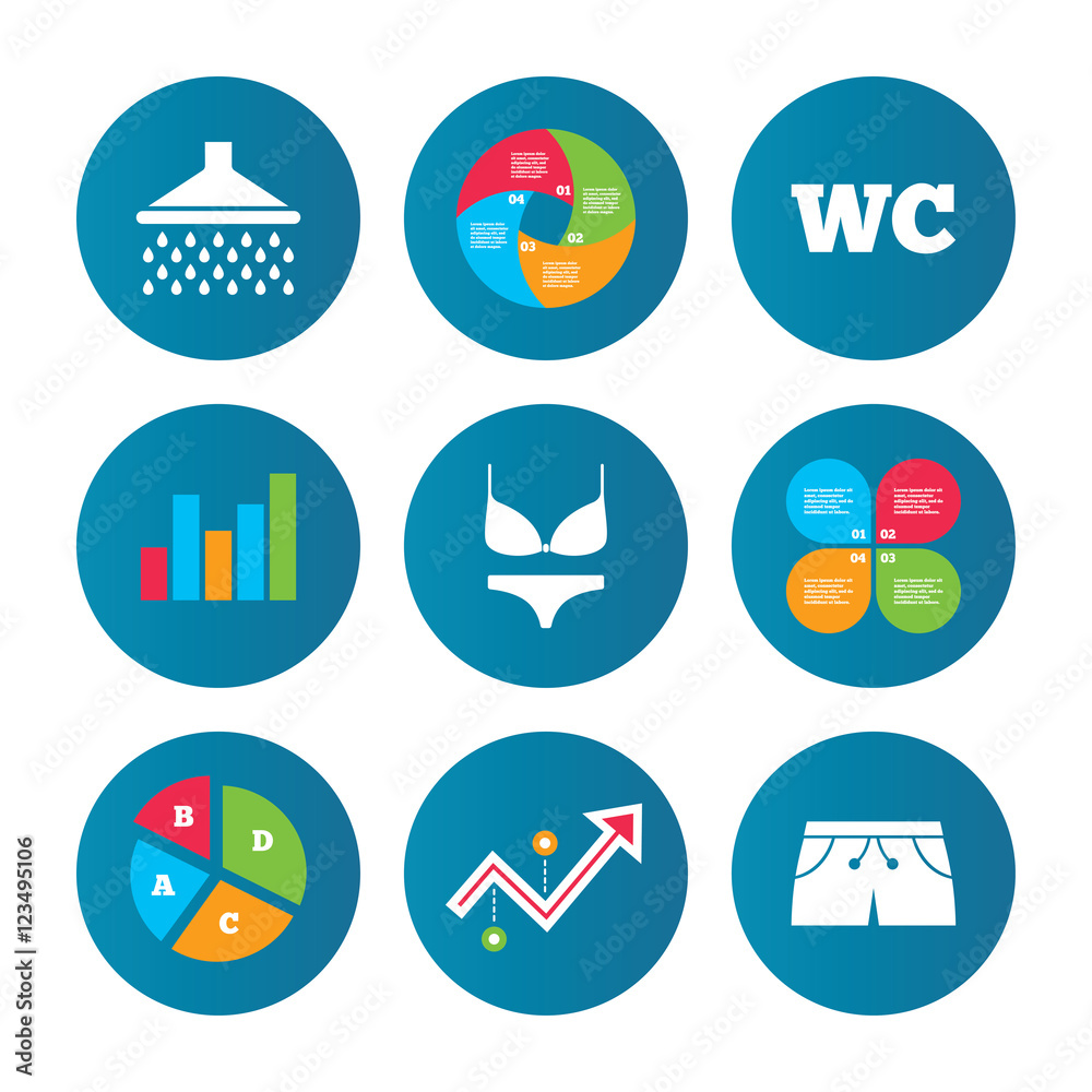 Swimming pool icons. Shower and swimwear signs. Swimming pool icons. Shower and swimwear signs.