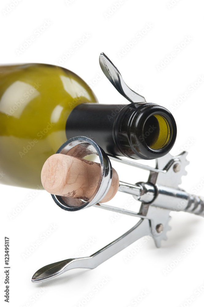 wine bottle and corkscrew isolated on white wine bottle and corkscrew isolated on white