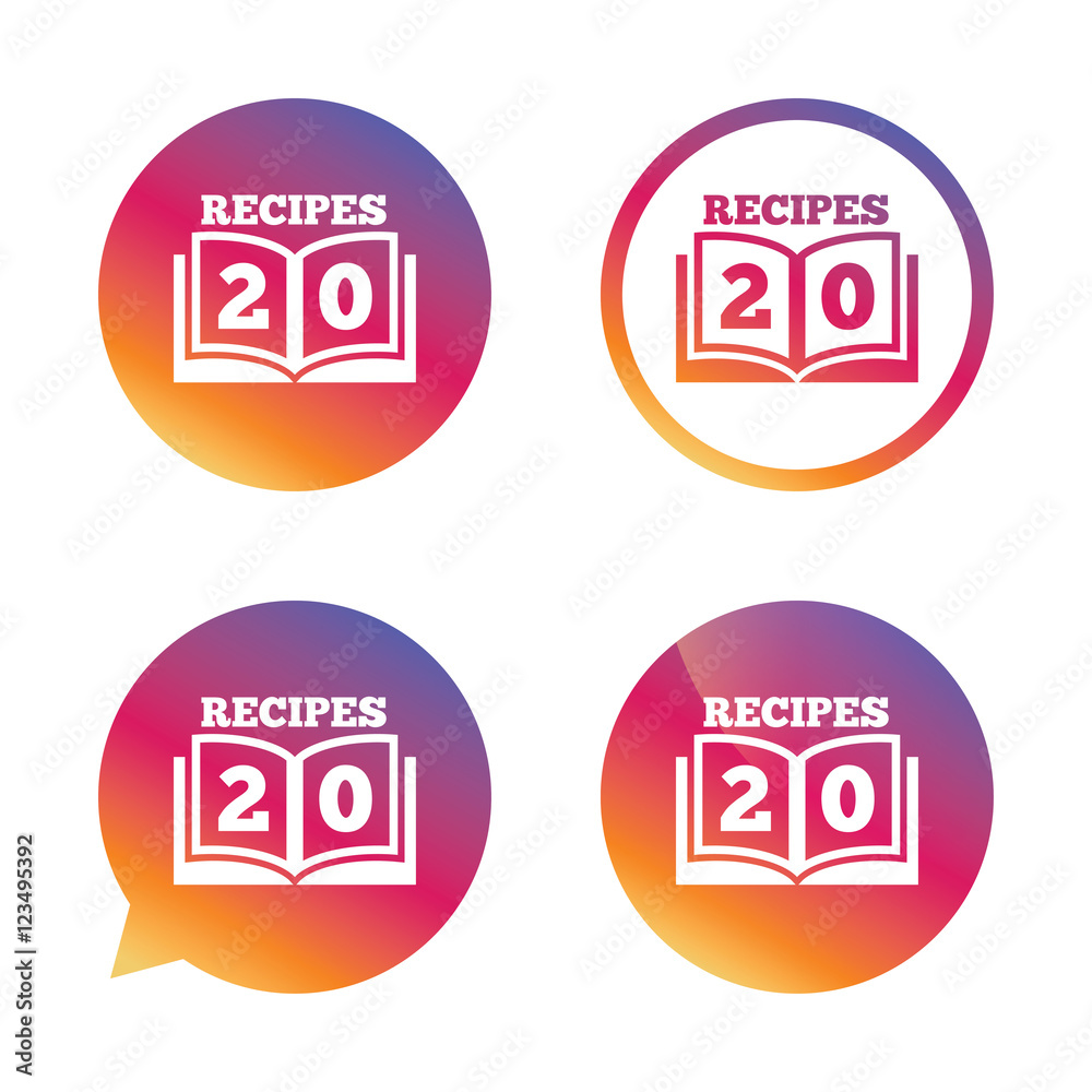 Cookbook sign icon. 20 Recipes book symbol. Cookbook sign icon. 20 Recipes book symbol.