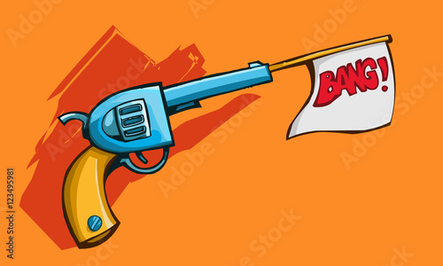 Vector illustration of a old revolver gun shooting out white flag with bang on it