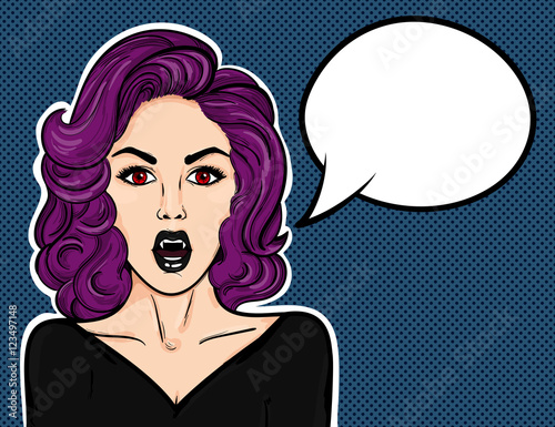 Pop-art vampire woman with black lips on a vintage background. Halloween vector illustration with bubble for text