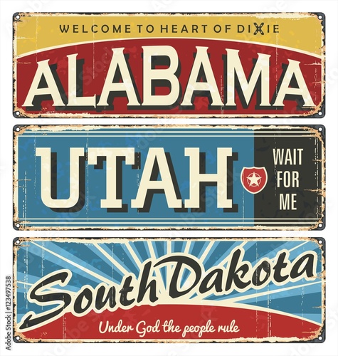 Vintage tin sign collection with America state. Alabama. Utah. Dakota. South. North. Retro souvenirs or postcard templates on rust background.
