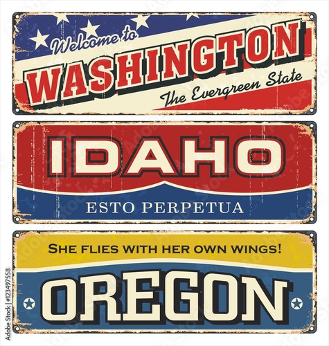 Vintage tin sign collection with America state. Washington. Idaho. Oregon. South. North. Retro souvenirs or postcard templates on rust background.