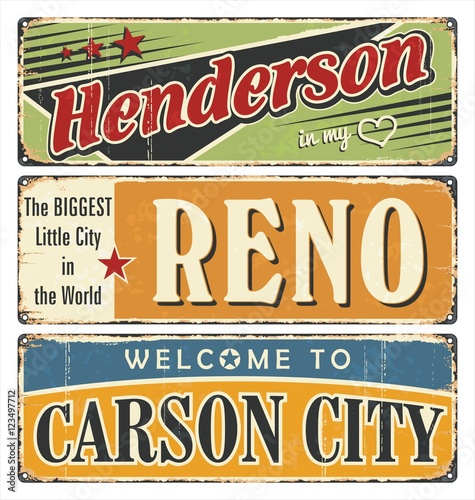 Vintage tin sign collection with USA cities. Henderson. Reno. Carson City. Retro souvenirs or postcard templates on rust background.