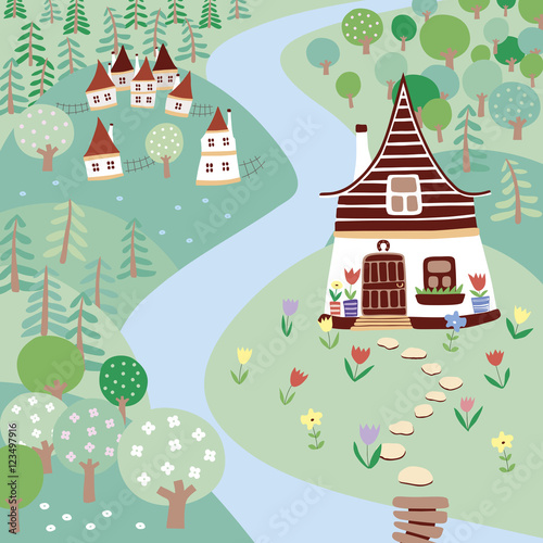 Vector Spring cartoon landscape. Seasons