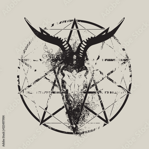 vector illustration with skull of goat and pentagram with splashes and curls photo
