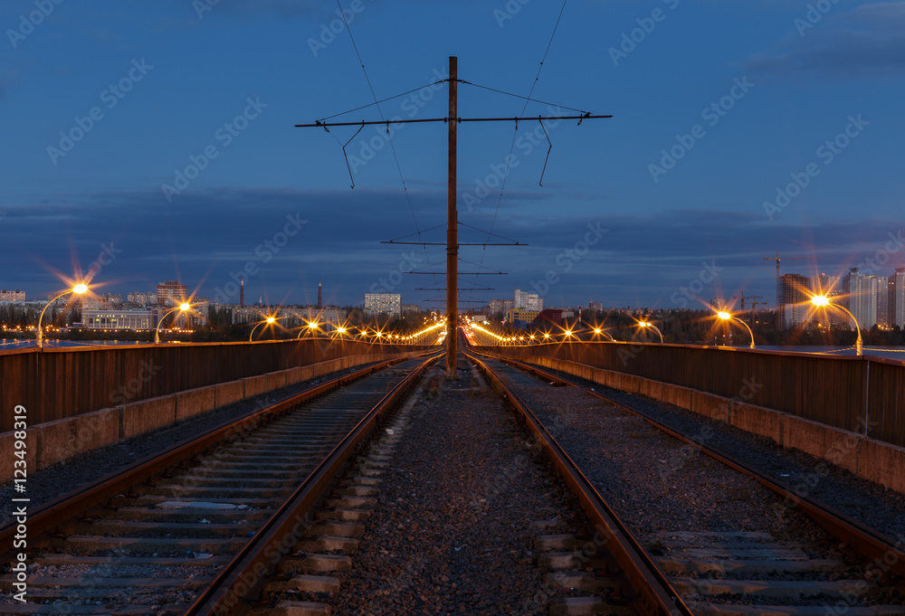 View from the bridge, tramway, street lamps, city spring landscape