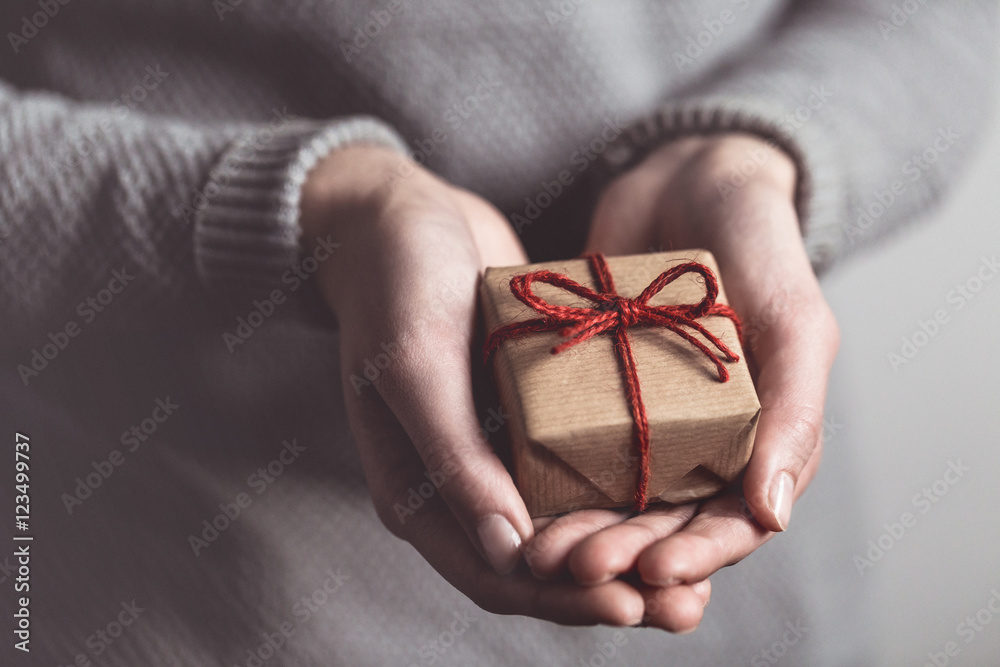 Close up of female hands holding small gift. Sharing concept. Christmas presents. Close up of female hands holding small gift. Sharing concept. Christmas presents.
