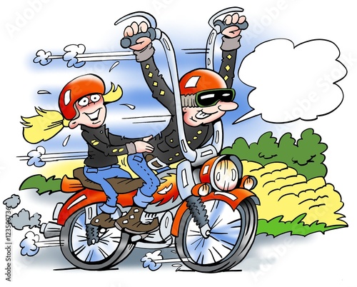 Cartoon illustration of a happy biker running fast on a motorcycle with his girlfriend sitting behind him © Poul Carlsen
