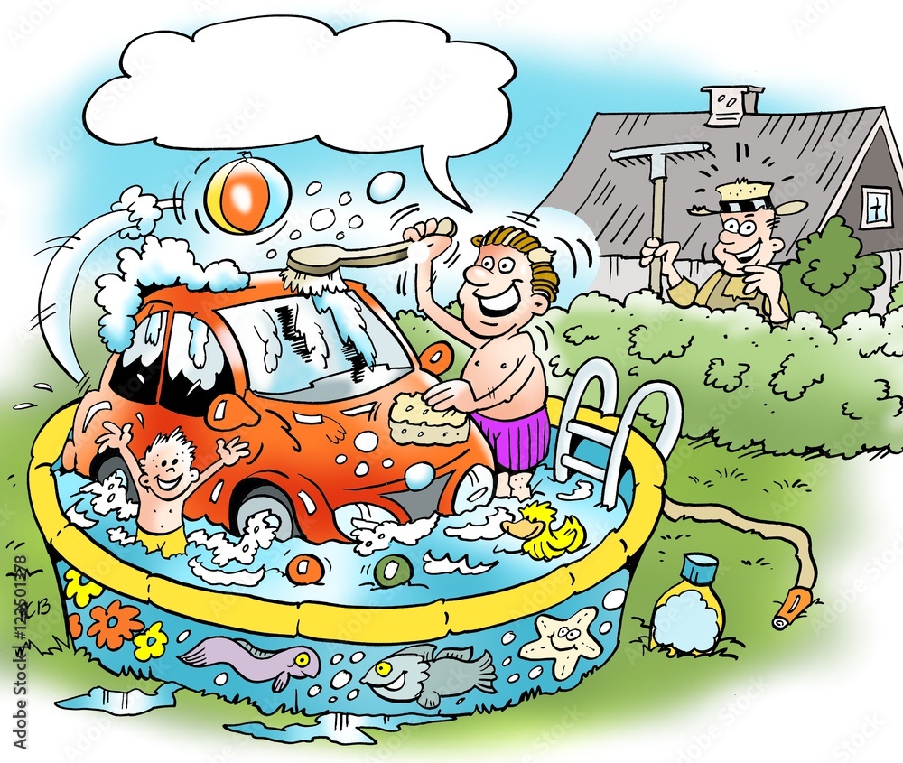 Cartoon illustration of a little car in the family water swimming pool  Stock Illustration | Adobe Stock