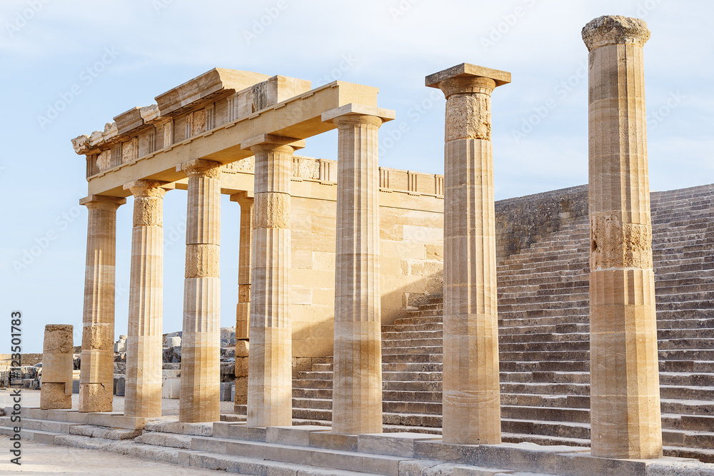 Colonnade with portico main temple of Lindos Rhodes Greece