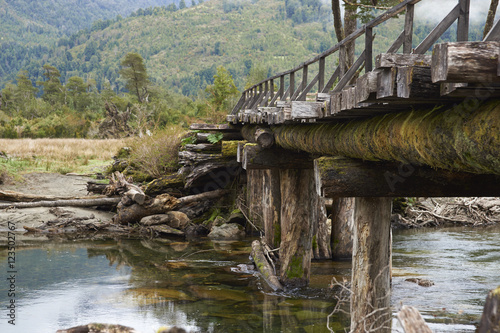 Derelict wooden bridge over the River Risopatron located along the Carretera Austral in the Aysen Region of southern Chile.