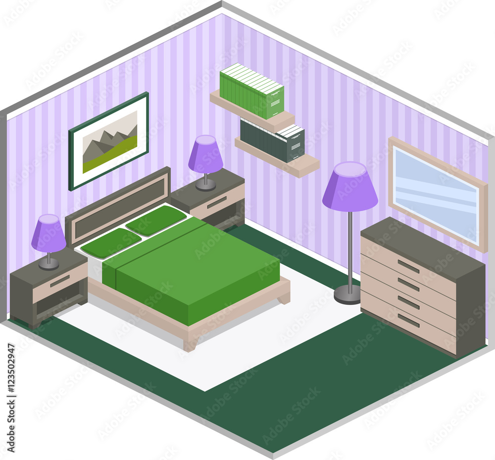 Modern bedroom design with furniture in violet and green colors. Colorful interior in isometric style. Vector 3D illustration. Modern bedroom design with furniture in violet and green colors. Colorful interior in isometric style. Vector 3D illustration.