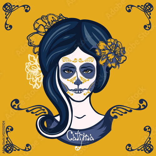 Catrina. Girl with marigolds flowers in her hair and make-up to the Mexican holiday Day of the Dead. Dia de Los Muertos card. Invitation poster. Halloween.