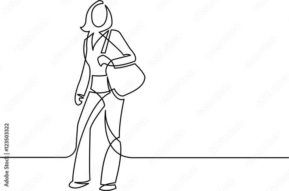 continuous line drawing of standing woman with bag continuous line drawing of standing woman with bag