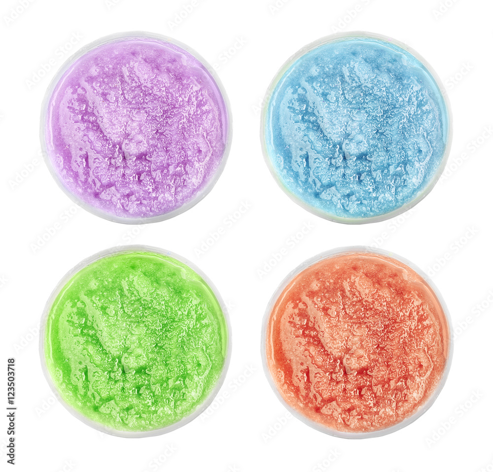 Collage of natural scrubs in container on white background Collage of natural scrubs in container on white background