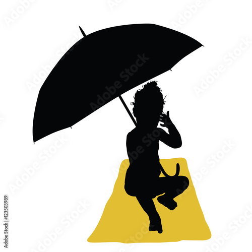 child with umbrella and towel silhouette illustration