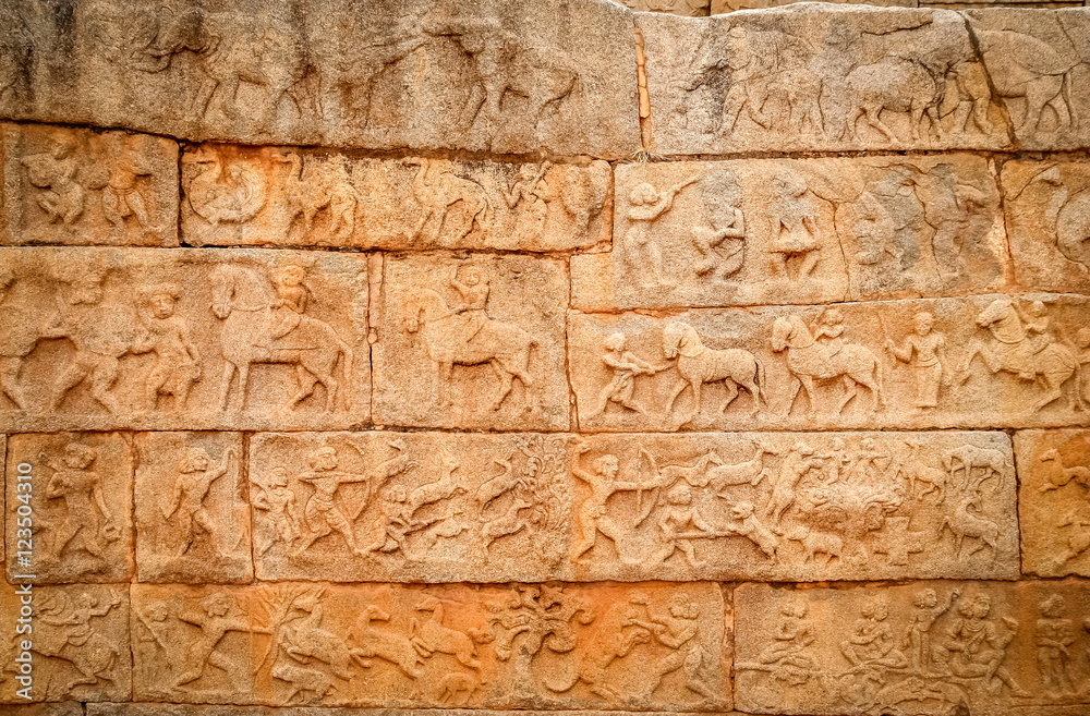 Wall art in one of the temples in Hampi in India