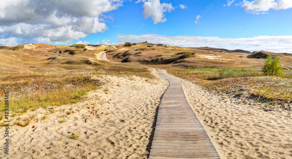 Wooden path into the Grey Dunes. Curonian Spit, Lithuania.