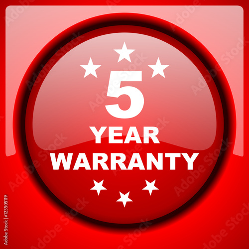 warranty guarantee 5 year red icon plastic glossy button