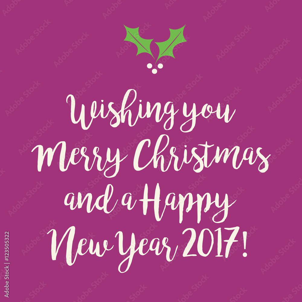 Purple pink Merry Christmas and Happy New Year greeting card with holly