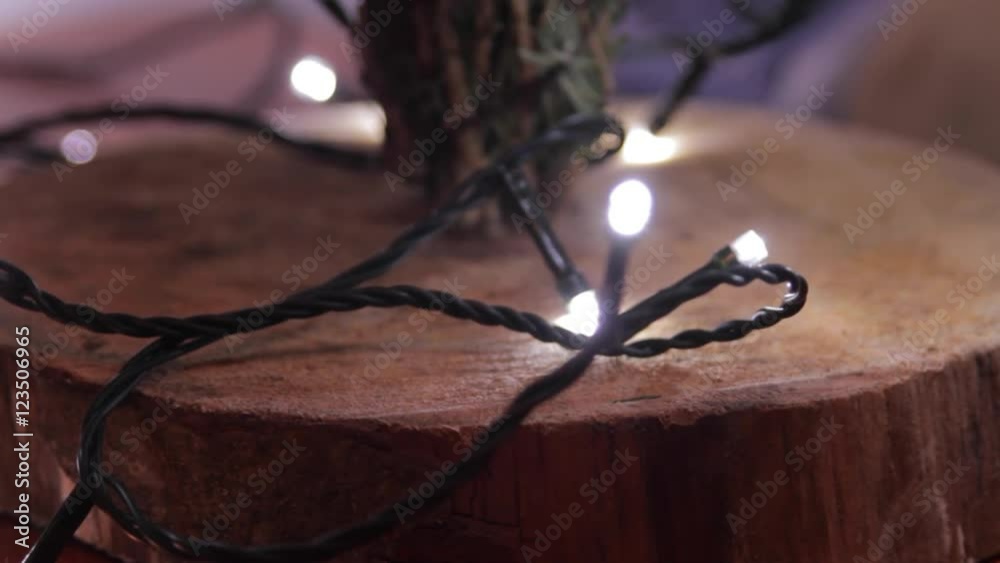 Christmas Tree Lights On A Wooden Stand, Rack Focus, Winter, Christmas Christmas Tree Lights On A Wooden Stand, Rack Focus, Winter, Christmas