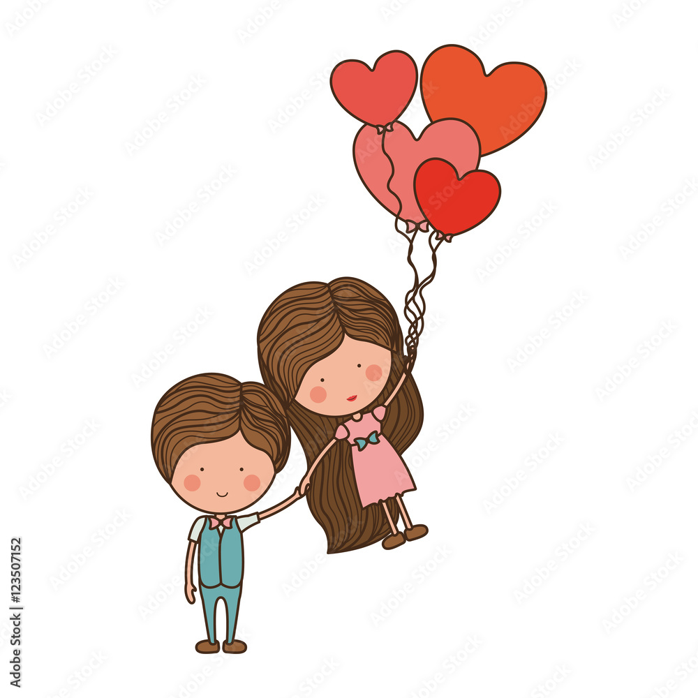 man holding girl floating with heart-shaped balloons vector illustration man holding girl floating with heart-shaped balloons vector illustration