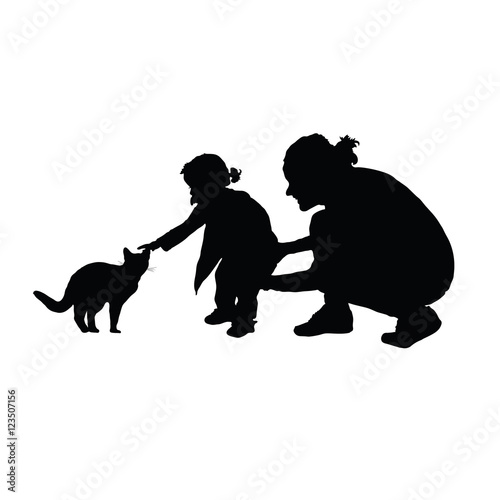 child silhouette with mom and cat silhouette illustration in bla