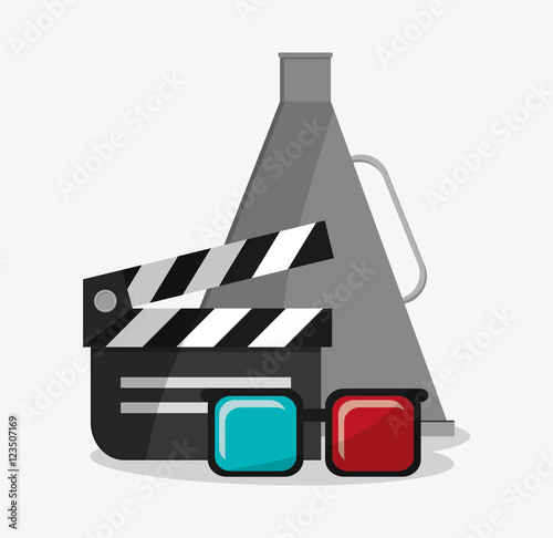 Clapboard 3d glasses and megaphone icon. Cinema movie video film and entertainment theme. Colorful design. Vector illustration