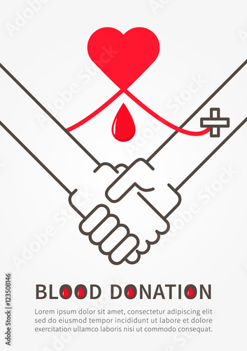 Blood Donation Handshake vector illustration with red heart and sample text.
