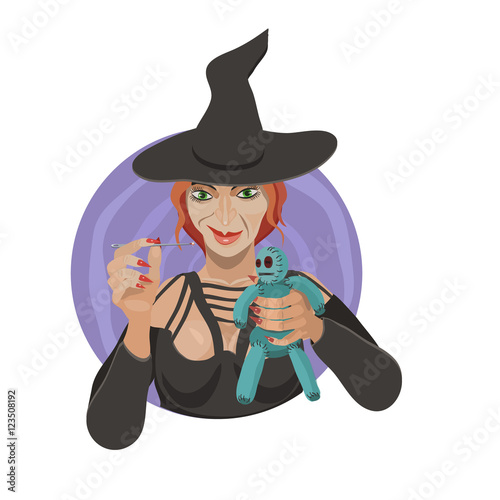 the witch casts a spell/ The witch casts a spell over a doll posed for the ritual magic to enchant and make the desired result!