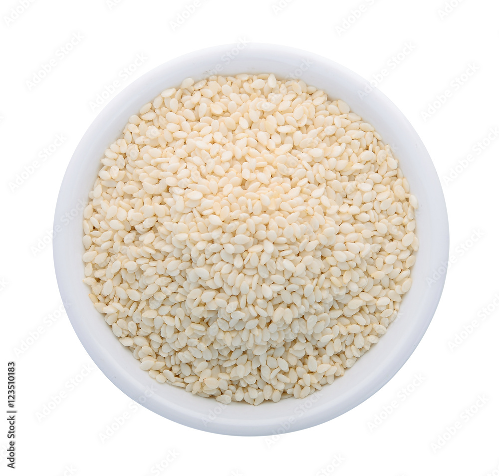 top view of white sesame in the white bowl isolated on white top view of white sesame in the white bowl isolated on white