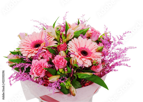colorful flower bouquet arrangement centerpiece in vase isolated on white background