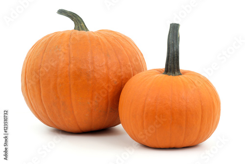 two pumpkins orange squash studio shot on white background for halloween or thanksgiving